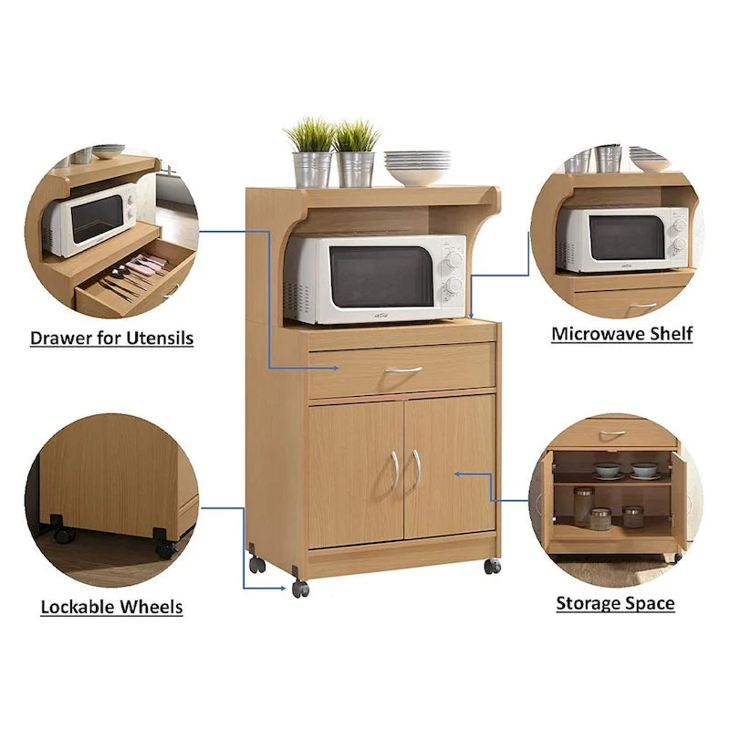 Chariot de cuisine à roulettes pour micro-ondes, avec armoire de rangement et tiroir
