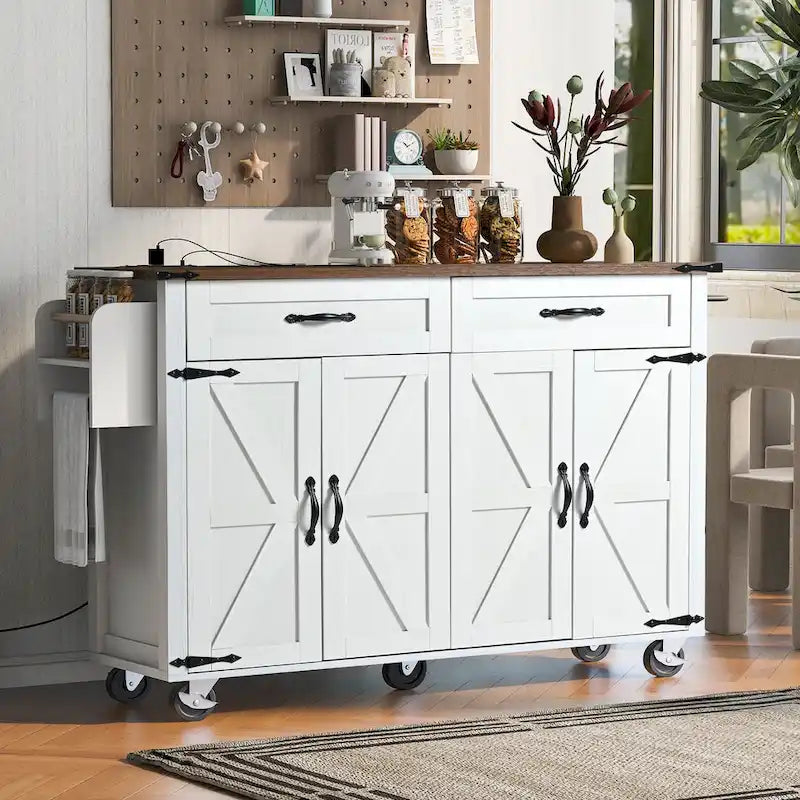 53.5Farmhouse Kitchen Island with Power Outlet, Kitchen Storage Island with Drop Leaf, Spice Rack and Drawer