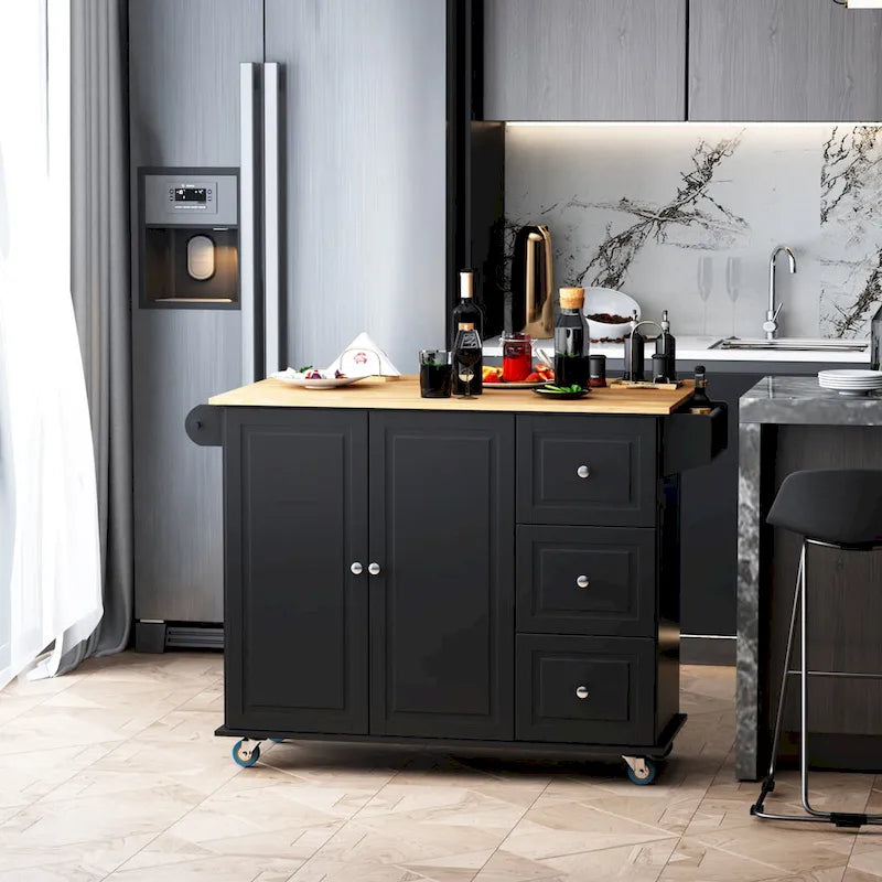 Îlot de cuisine roulant avec plateau à abattant, 3 tiroirs, armoire à 2 portes et étagère à épices — Noir