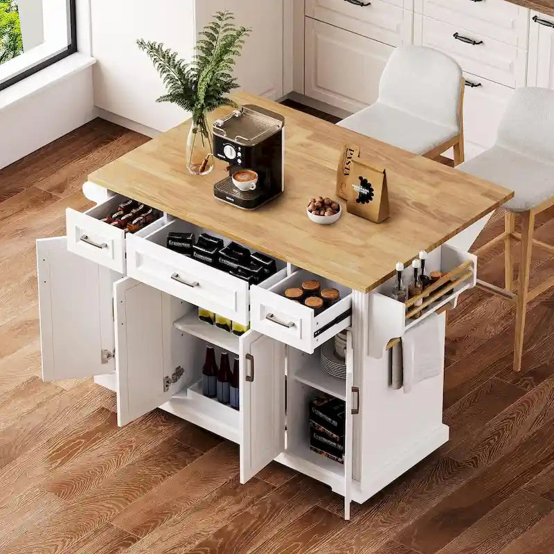 Îlot de cuisine roulant rustique avec abattant, meuble à 4 portes et 3 tiroirs