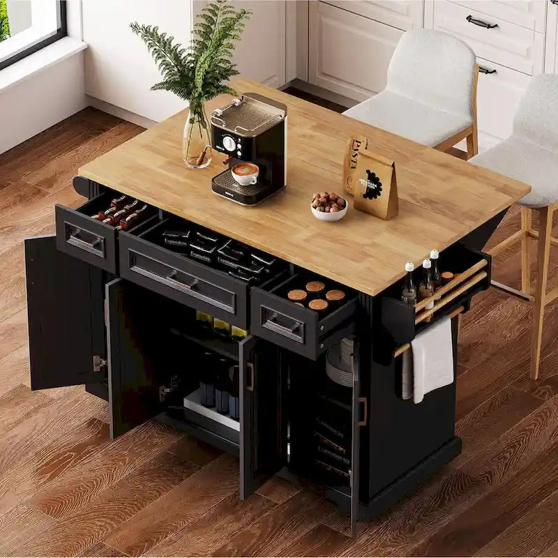 Îlot de cuisine roulant rustique avec abattant, meuble à 4 portes et 3 tiroirs