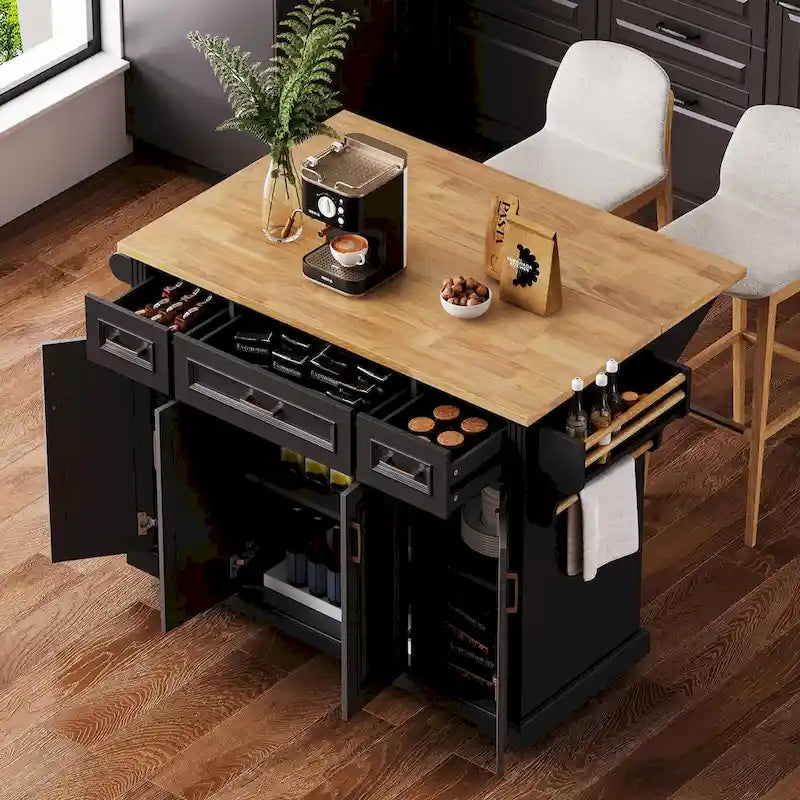 Îlot de cuisine roulant rustique avec abattant, meuble à 4 portes et 3 tiroirs
