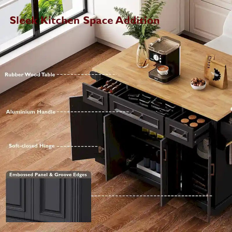 Îlot de cuisine roulant rustique avec abattant, meuble à 4 portes et 3 tiroirs