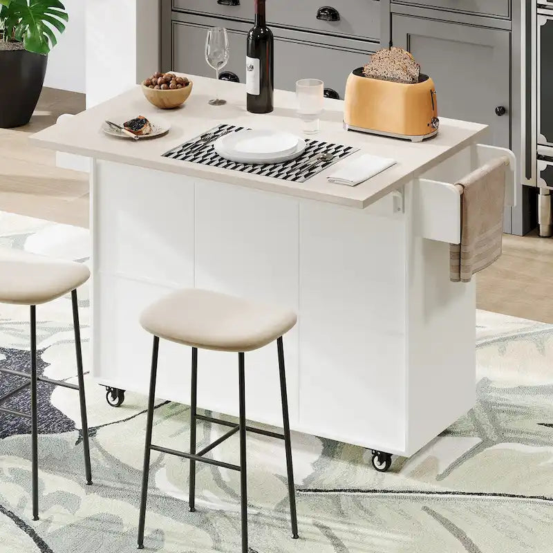 Îlot de cuisine roulant avec compartiment poubelle, abattant et étagères réglables