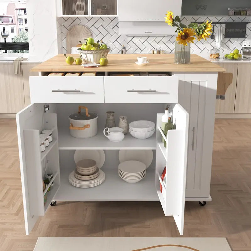 Desserte de cuisine roulante avec placard coulissant à 3 niveaux, abattant et 2 tiroirs