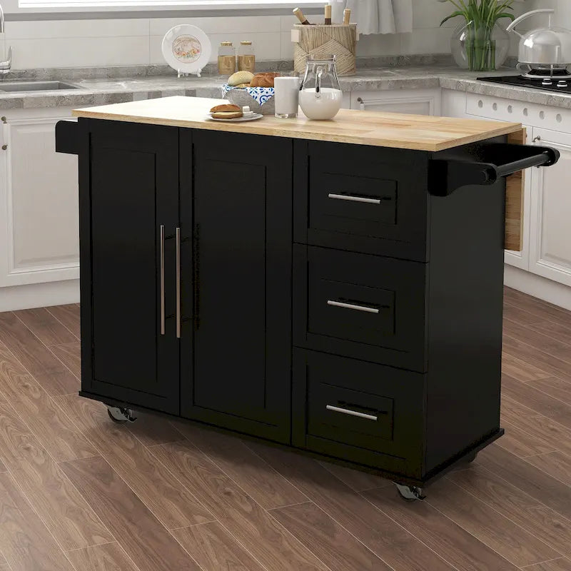 Îlot de cuisine mobile style ferme avec plateau extensible en bois massif