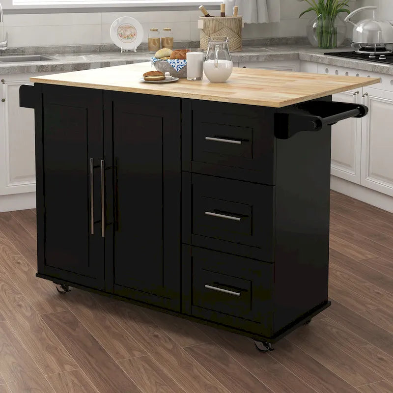 Îlot de cuisine mobile style ferme avec plateau extensible en bois massif