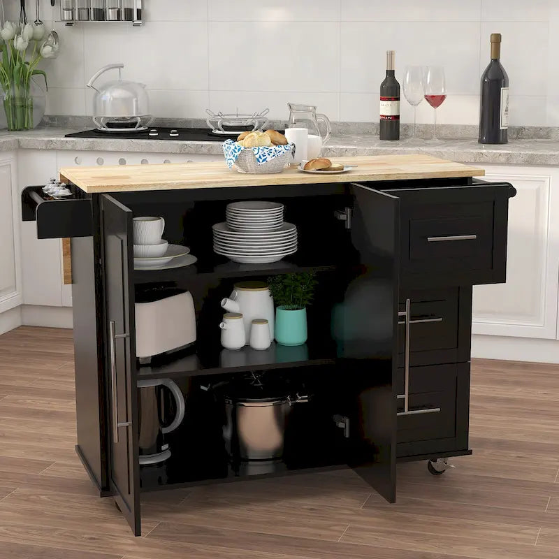 Îlot de cuisine mobile style ferme avec plateau extensible en bois massif