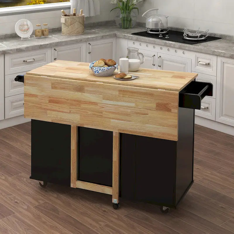 Îlot de cuisine mobile style ferme avec plateau extensible en bois massif