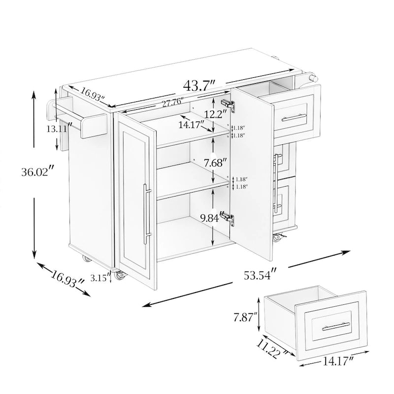 Îlot de cuisine mobile style ferme avec plateau extensible en bois massif