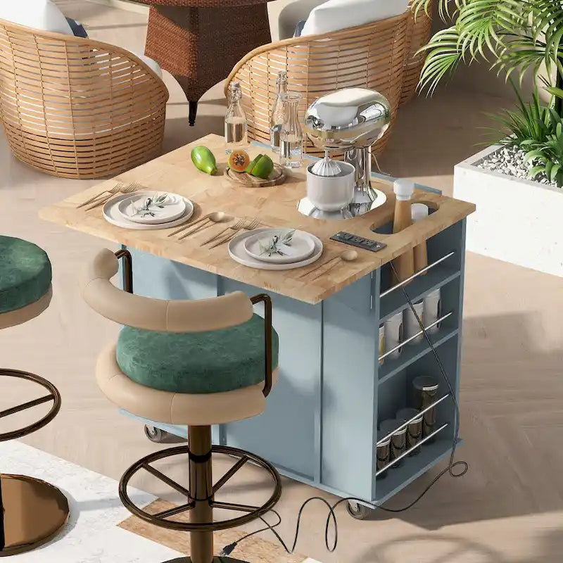 Desserte îlot de cuisine en bois d'hévéa avec prise de courant et abattant – 5 roulettes