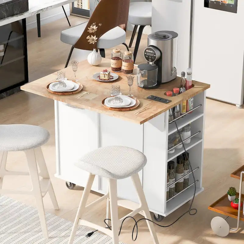 Desserte îlot de cuisine en bois d'hévéa avec prise de courant et abattant – 5 roulettes