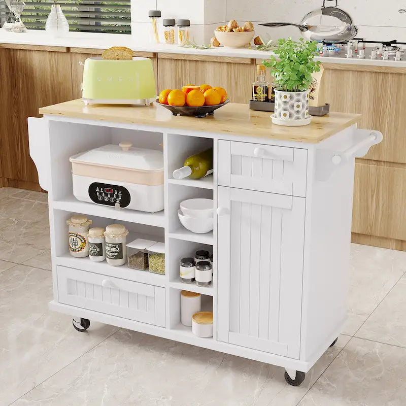 Chariot d'îlot de cuisine avec emplacement micro-ondes, 2 tiroirs, étagère à épices et roulettes verrouillables
