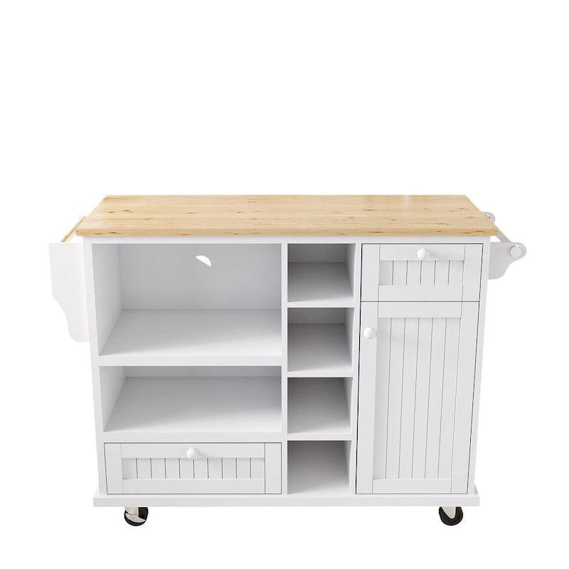 Chariot d'îlot de cuisine avec emplacement micro-ondes, 2 tiroirs, étagère à épices et roulettes verrouillables