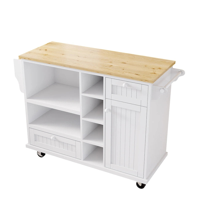 Chariot d'îlot de cuisine avec emplacement micro-ondes, 2 tiroirs, étagère à épices et roulettes verrouillables
