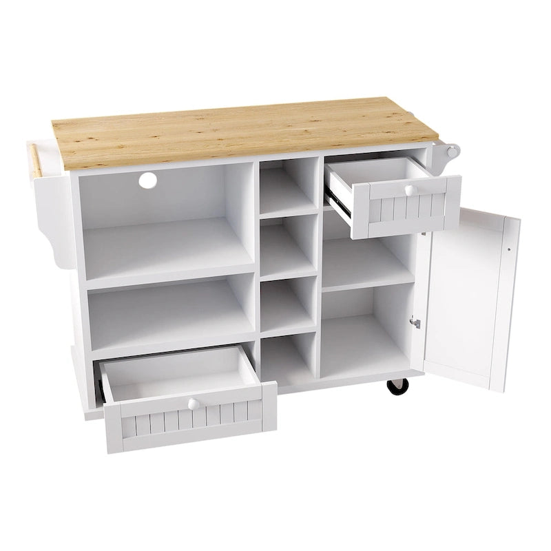Chariot d'îlot de cuisine avec emplacement micro-ondes, 2 tiroirs, étagère à épices et roulettes verrouillables