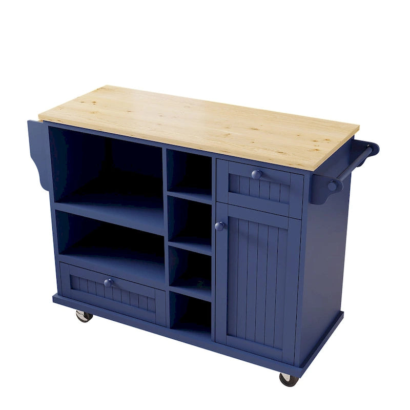 Chariot d'îlot de cuisine avec emplacement micro-ondes, 2 tiroirs, étagère à épices et roulettes verrouillables