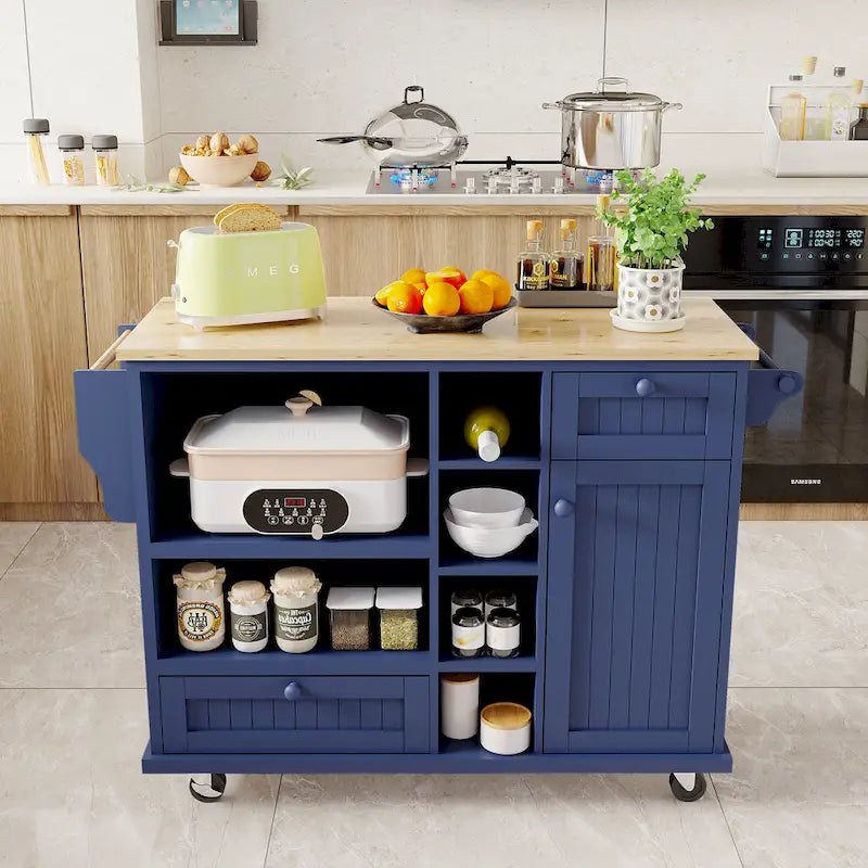 Chariot d'îlot de cuisine avec emplacement micro-ondes, 2 tiroirs, étagère à épices et roulettes verrouillables