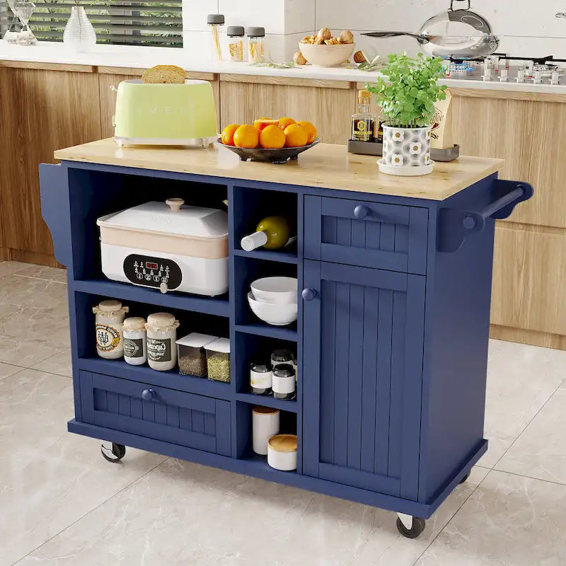 Chariot d'îlot de cuisine avec emplacement micro-ondes, 2 tiroirs, étagère à épices et roulettes verrouillables