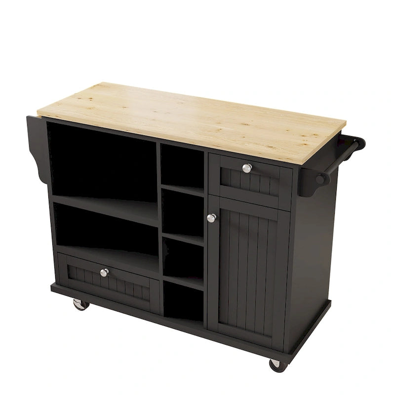 Chariot d'îlot de cuisine avec emplacement micro-ondes, 2 tiroirs, étagère à épices et roulettes verrouillables