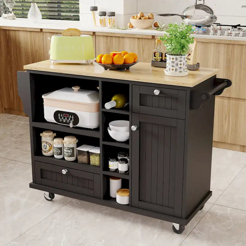 Chariot d'îlot de cuisine avec emplacement micro-ondes, 2 tiroirs, étagère à épices et roulettes verrouillables