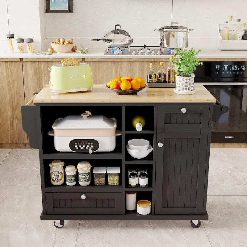Chariot d'îlot de cuisine avec emplacement micro-ondes, 2 tiroirs, étagère à épices et roulettes verrouillables