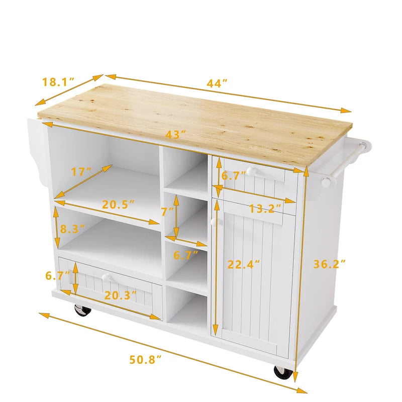 Chariot d'îlot de cuisine avec emplacement micro-ondes, 2 tiroirs, étagère à épices et roulettes verrouillables