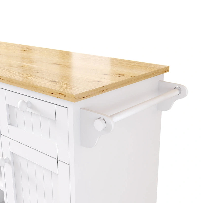 Chariot d'îlot de cuisine avec emplacement micro-ondes, 2 tiroirs, étagère à épices et roulettes verrouillables