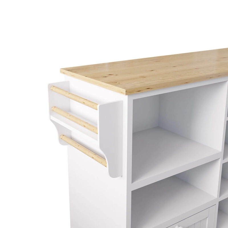 Chariot d'îlot de cuisine avec emplacement micro-ondes, 2 tiroirs, étagère à épices et roulettes verrouillables