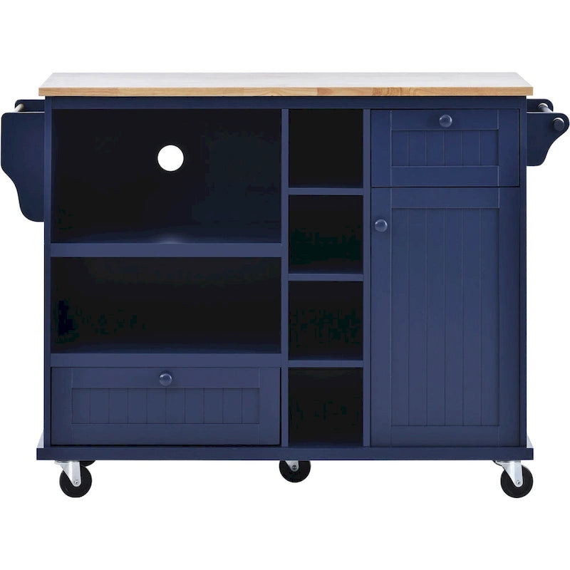 Chariot d'îlot de cuisine avec emplacement micro-ondes, 2 tiroirs, étagère à épices et roulettes verrouillables