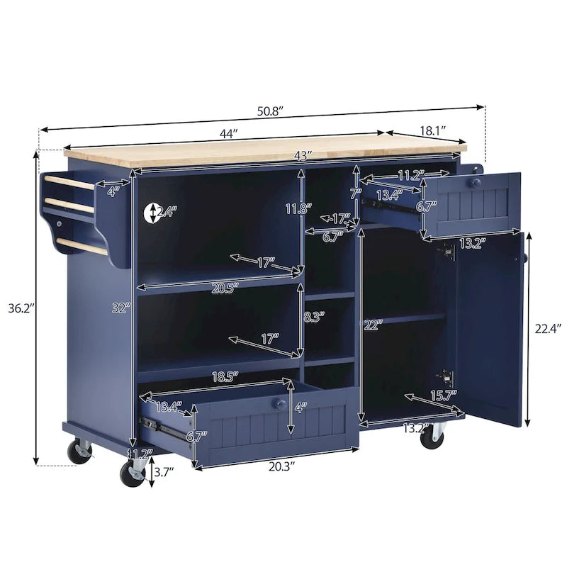 Chariot d'îlot de cuisine avec emplacement micro-ondes, 2 tiroirs, étagère à épices et roulettes verrouillables