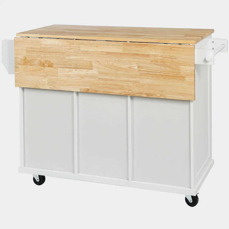 Desserte de cuisine à abattants en bois d'hévéa avec 3 tiroirs et placard de rangement