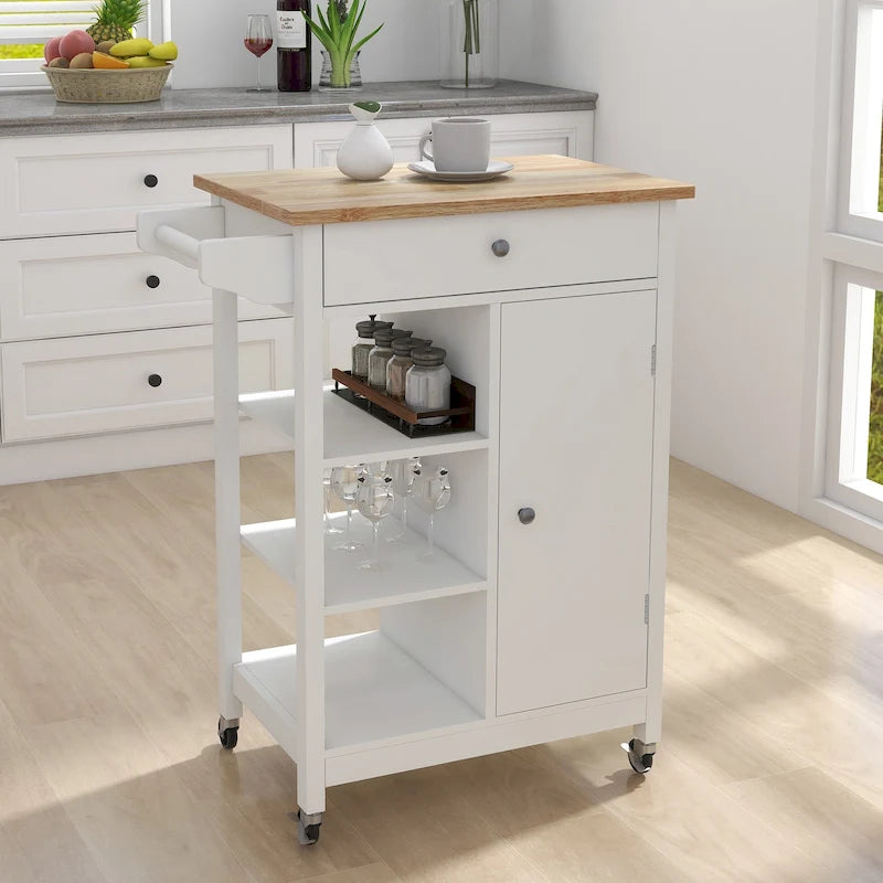 Desserte de cuisine blanche avec porte-serviettes et plan de travail en bois d'hévéa