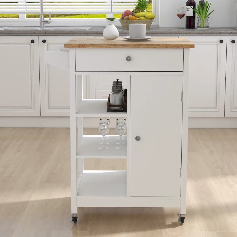 Desserte de cuisine blanche avec porte-serviettes et plan de travail en bois d'hévéa