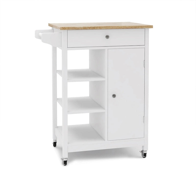 Desserte de cuisine blanche avec porte-serviettes et plan de travail en bois d'hévéa