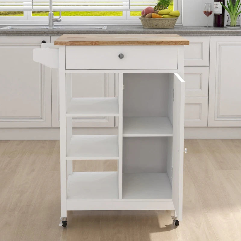 Desserte de cuisine blanche avec porte-serviettes et plan de travail en bois d'hévéa