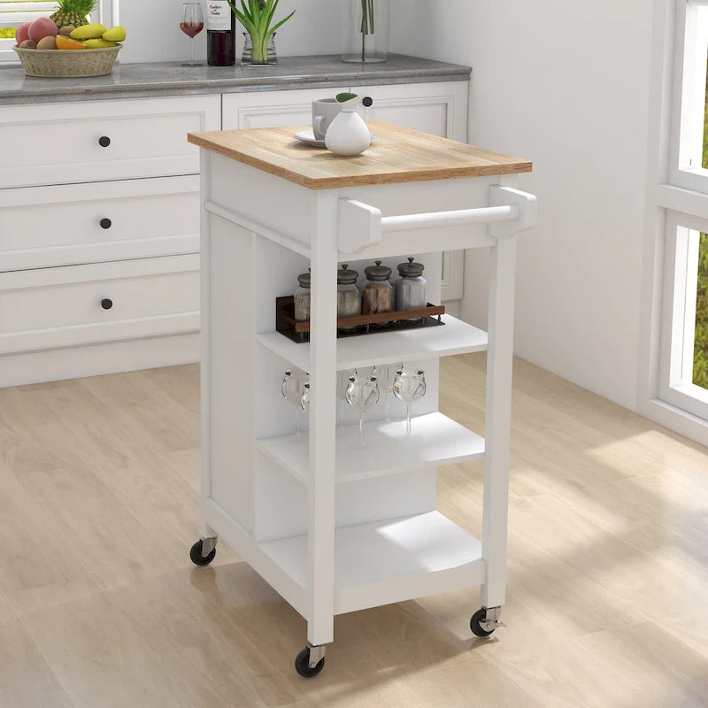 Desserte de cuisine blanche avec porte-serviettes et plan de travail en bois d'hévéa