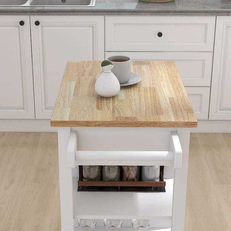 Desserte de cuisine blanche avec porte-serviettes et plan de travail en bois d'hévéa