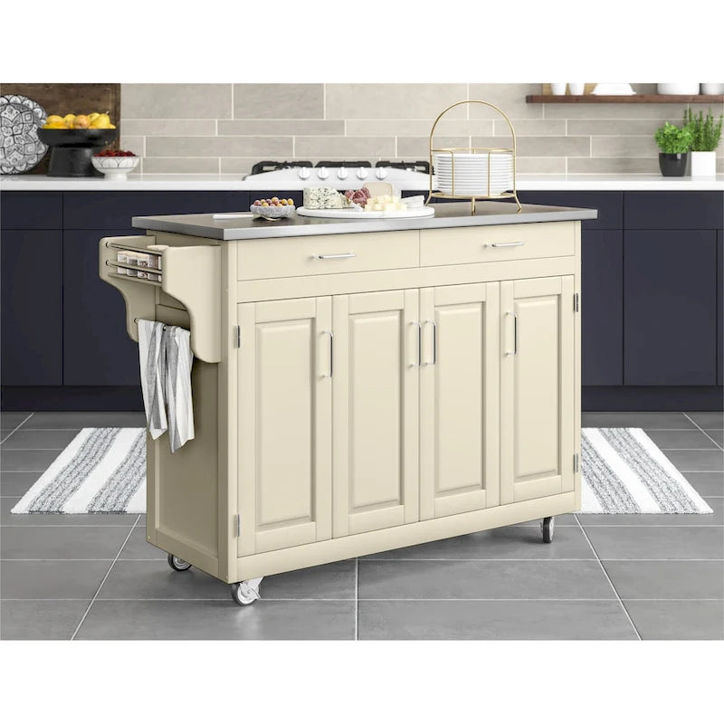 Chariot de cuisine blanc avec plateau en acier inoxydable