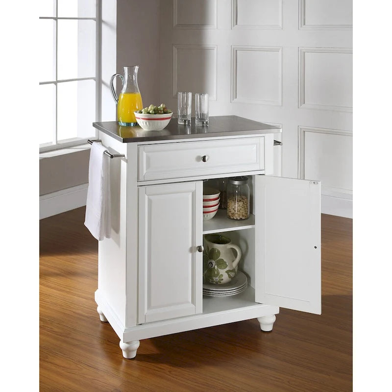 Îlot de cuisine portable avec dessus en acier inoxydable et armoire de rangement