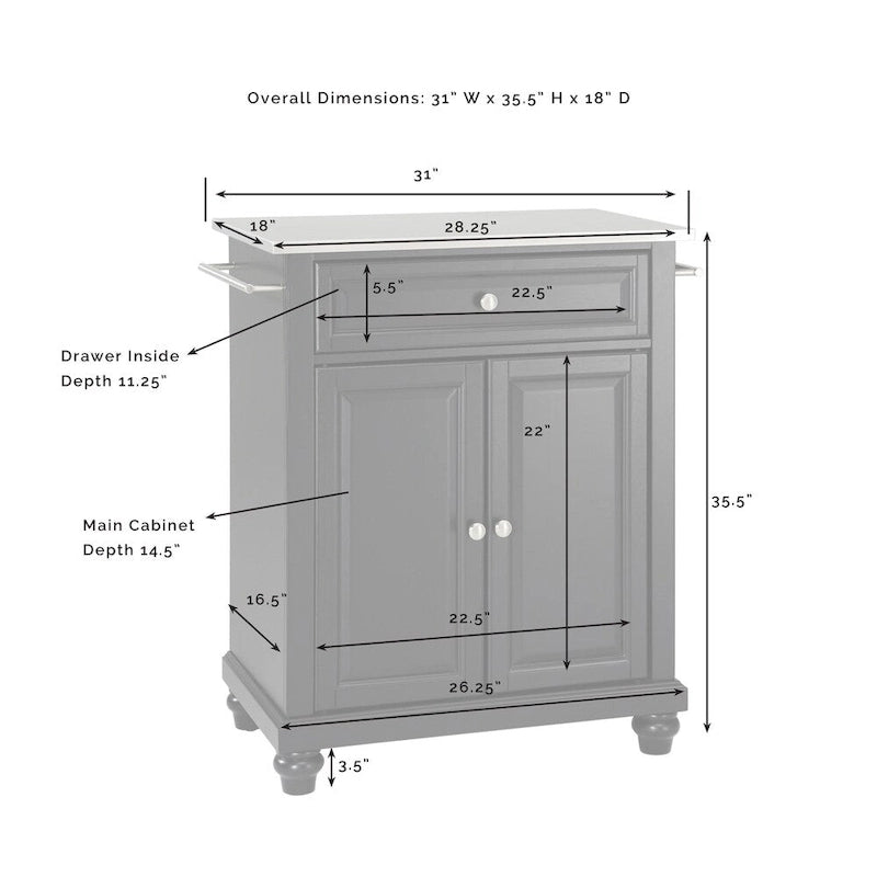 Îlot de cuisine portable avec dessus en acier inoxydable et armoire de rangement