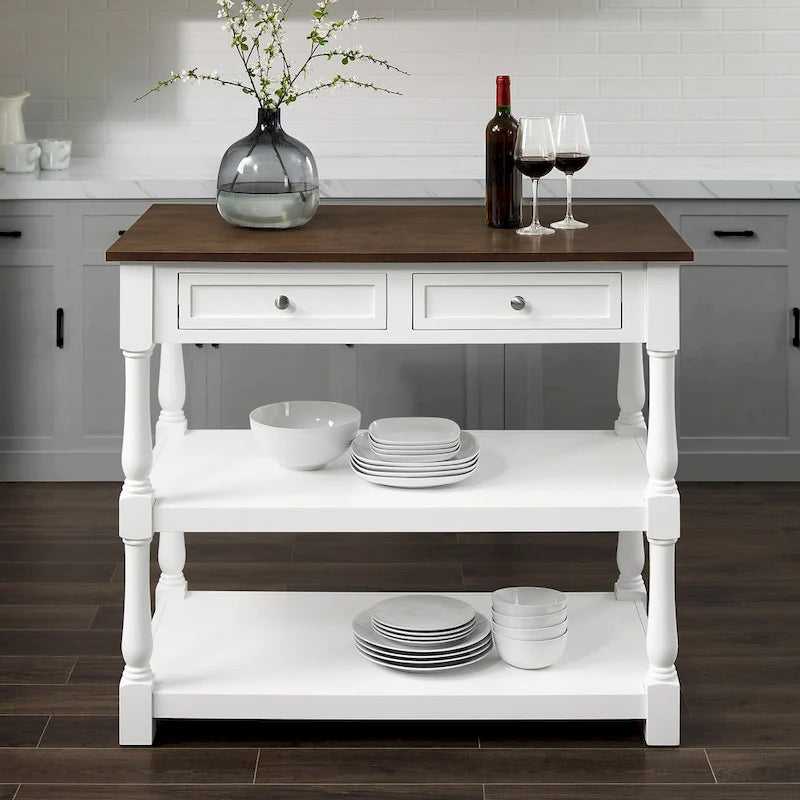 Îlot de cuisine avec plateau en bois et rangement — Blanc