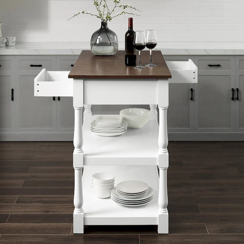 Îlot de cuisine avec plateau en bois et rangement — Blanc
