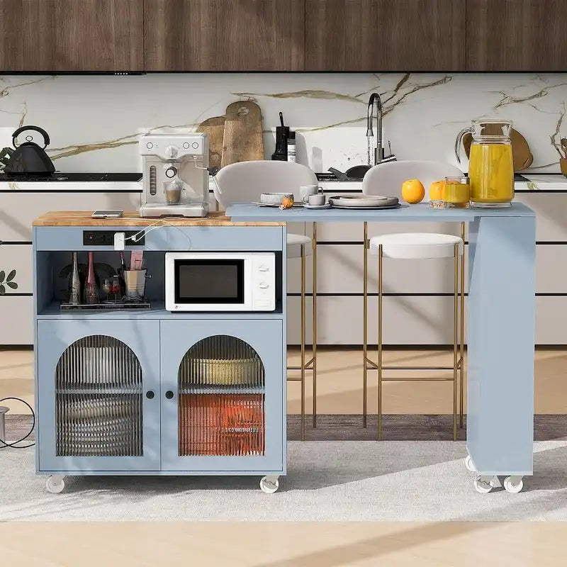 Îlot de cuisine roulant avec table extensible, portes vitrées LED et prises électriques
