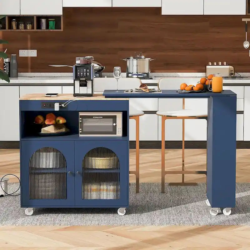 Îlot de cuisine roulant avec table extensible, portes vitrées LED et prises électriques