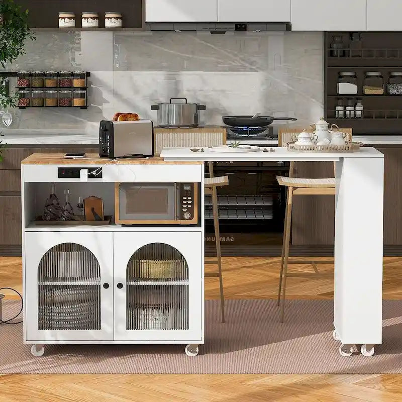Îlot de cuisine roulant avec table extensible, portes vitrées LED et prises électriques