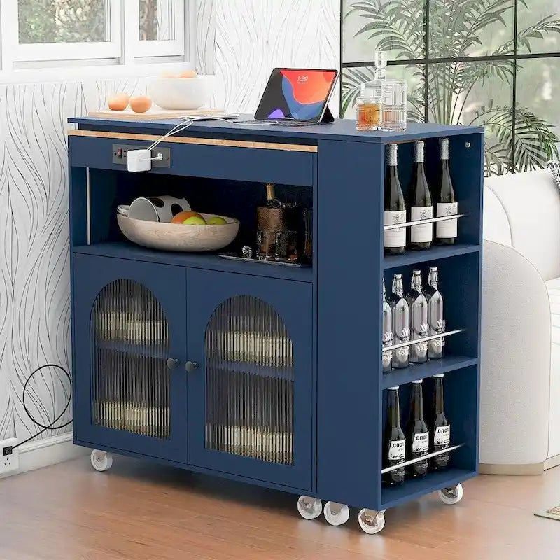 Îlot de cuisine roulant avec table extensible, portes vitrées LED et prises électriques