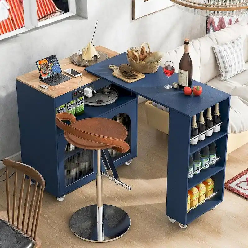 Îlot de cuisine roulant avec table extensible, portes vitrées LED et prises électriques