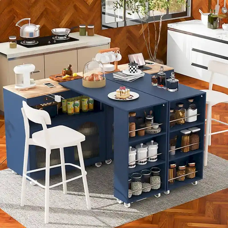 Îlot de cuisine roulant avec table extensible, portes vitrées LED et prises électriques