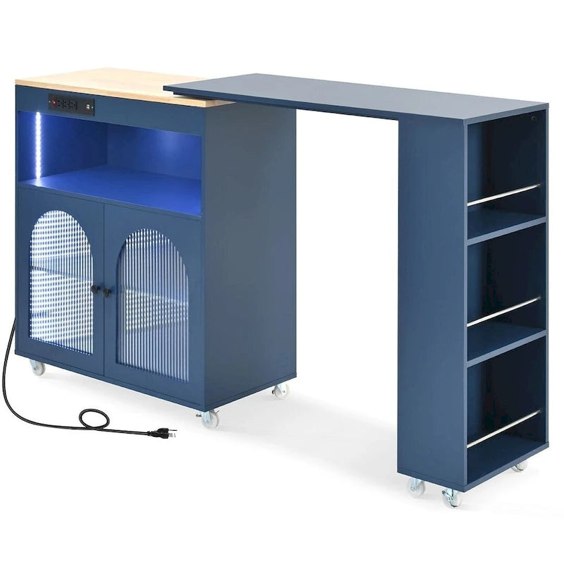 Îlot de cuisine roulant avec table extensible, portes vitrées LED et prises électriques